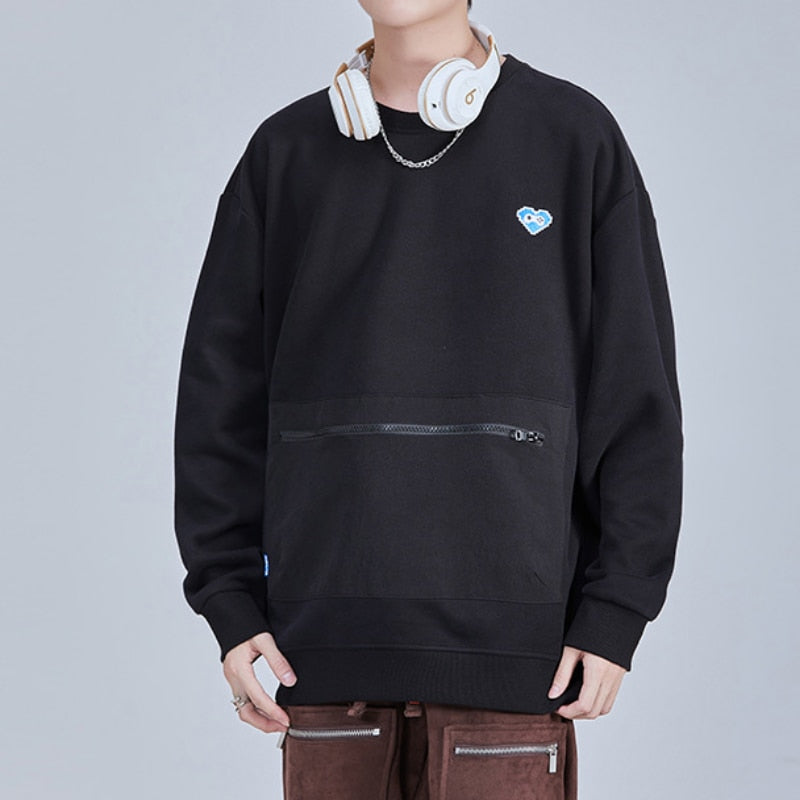Bonsir American High Street Sweatshirt Men Hiphop Hoodless Long Sleeve Shirt Spring Autumn Urban Simple Zipper Pockets Pullover Tops