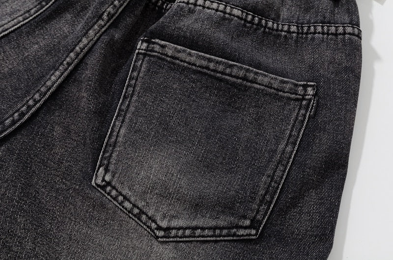 sanyamk Distressed Embroidery Pockets Elastic Waist Retro Jeans Pants Men and Women Straight Washed Casual Baggy Denim Trousers