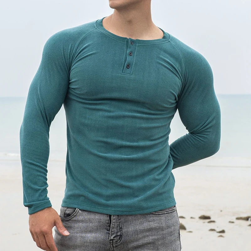 BONSIR - Spring Fall Casual Solid Slim Pullover Tees Male Fashion Long Sleeve t shirt Casual Double-plush Elastic Gym Shirts Men Clothing