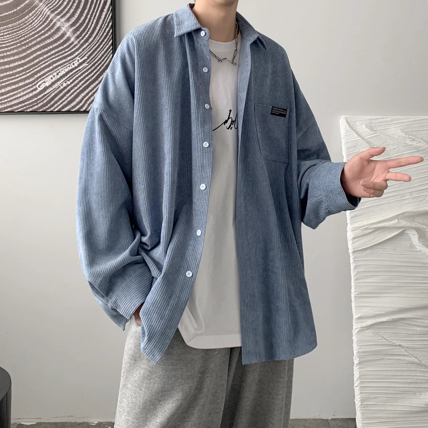 sanyamk - Mens Corduroy Shirts Streetwear Harajuku Japanese Style Oversize Unisex Blouses