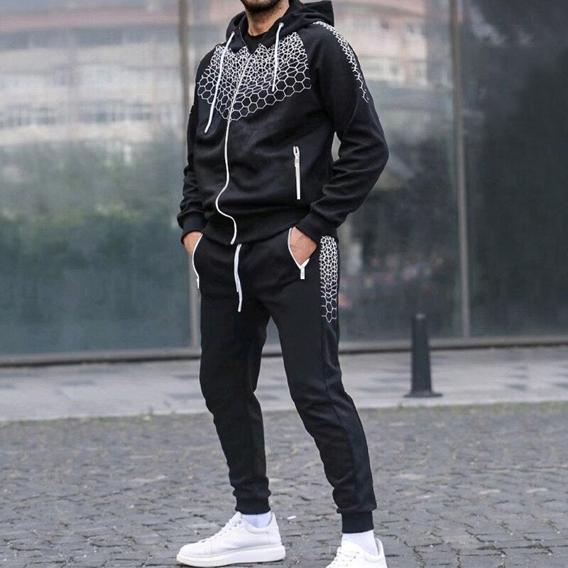Bonsir Fashion Graphic Print Tracksuit Men Casual Hoodies Two Piece Sets Autumn Mens Long Sleeve Hooded Sweatshirt And Pants Suits Male