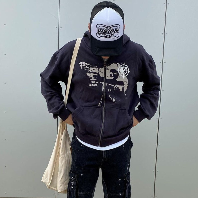 Bonsir Hip Hop Men's Hoodies Sweatshirt Women Punk Sport Loose Coat Anime Print Gothic Streetwear Long Sleeve Street Zip Y2k Hoodie