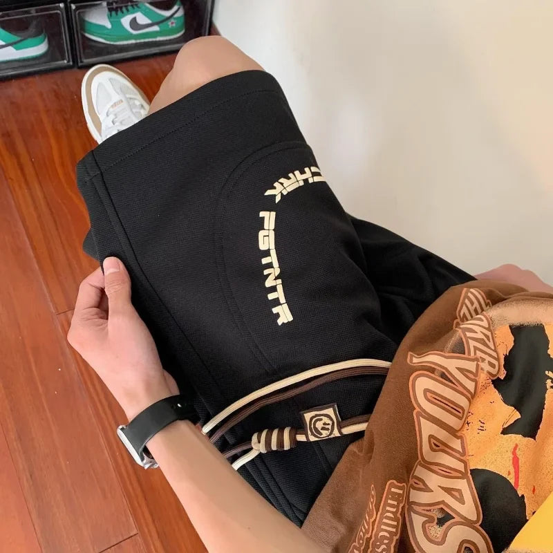 Bonsir Summer New Sports Loose American Vintage Fashion Casual All-match Solid Color Letter Printed Spliced Drawstring Shorts