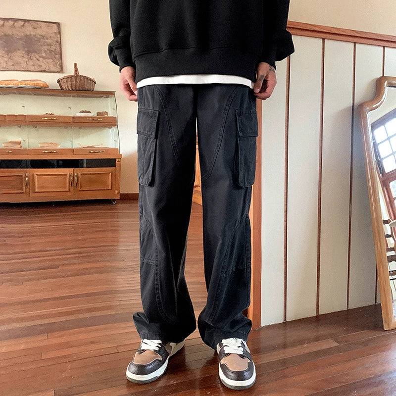 sanyamk Wide Leg Jeans Men Safari Style Washed Vintage Japanese High Street Retro Spring Autumn All-match Full Length Chic