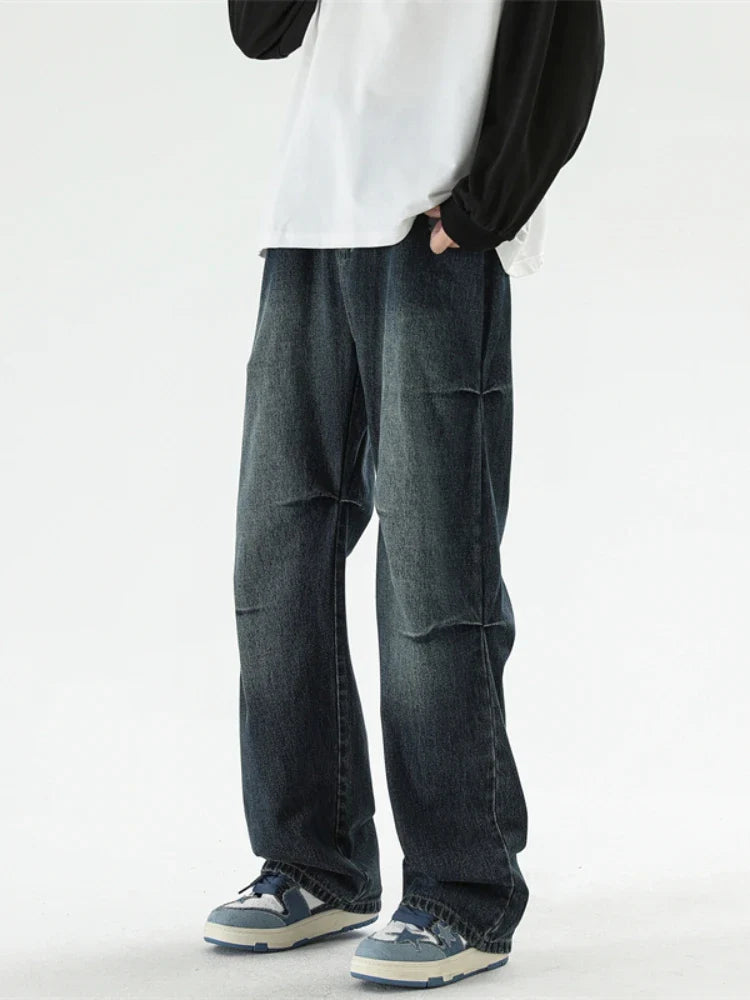 Bonsir Autumn New Wide Leg Jeans Men Belt Buckle Trousers Neutral Loose Casual Hip Hop Streetwear Washed Vintage Wrinkled Denim Pants