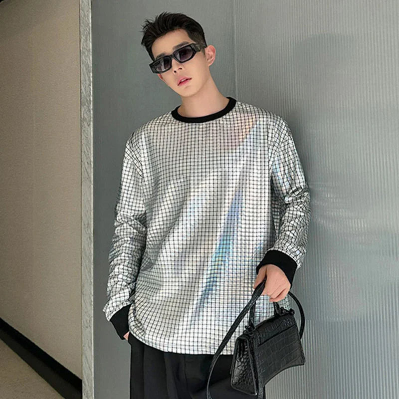 sanyamk - Korean Men's Round Collar T-shirt Fashion Bright Face Design Plaid Trend Long Sleeve T-shirts Pullover Top Trend 9C5122
