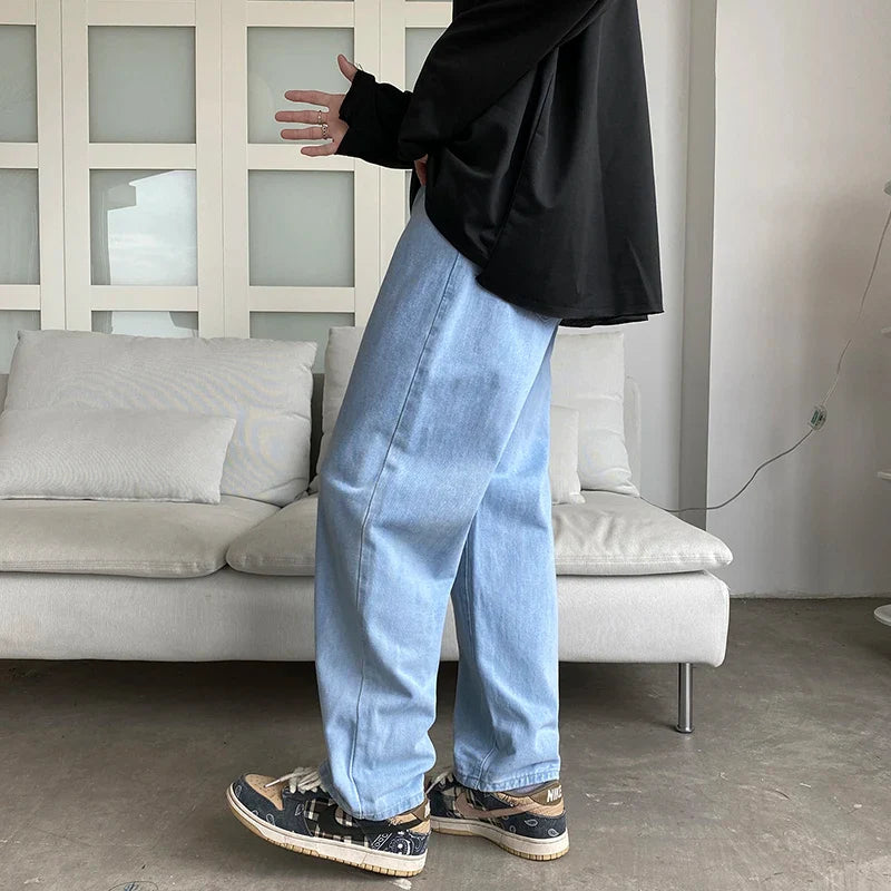 sanyamk New Men's Classic Loose Casual Jeans Student High Street Straight Stretch Blue Light Blue Black Jeans Men's Clothing