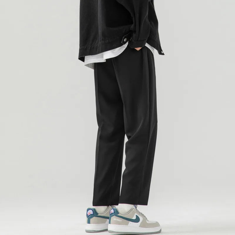 sanyamk - Solid Color Suit Pants Men Fashion Society Mens Dress Pants Korean Loose Straight Wide Leg Pants Mens Office Formal Trousers