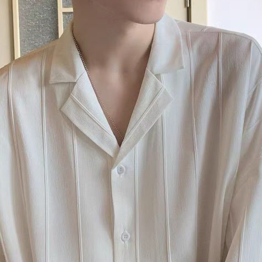 sanyamk Casual Simple Top LGBT Mens Solid Pleated Blouse Lapel Short Sleeve Shirt Streetwear Y2k Loose Leisure Tee Shirts Male Clothing