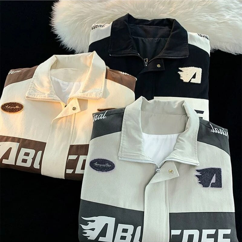 Bonsir American Vintage Racing Jacket Men Cycling Lapel Jacket Women BF Letter Varsity Coat Oversize High Street Vibe Baseball Uniform