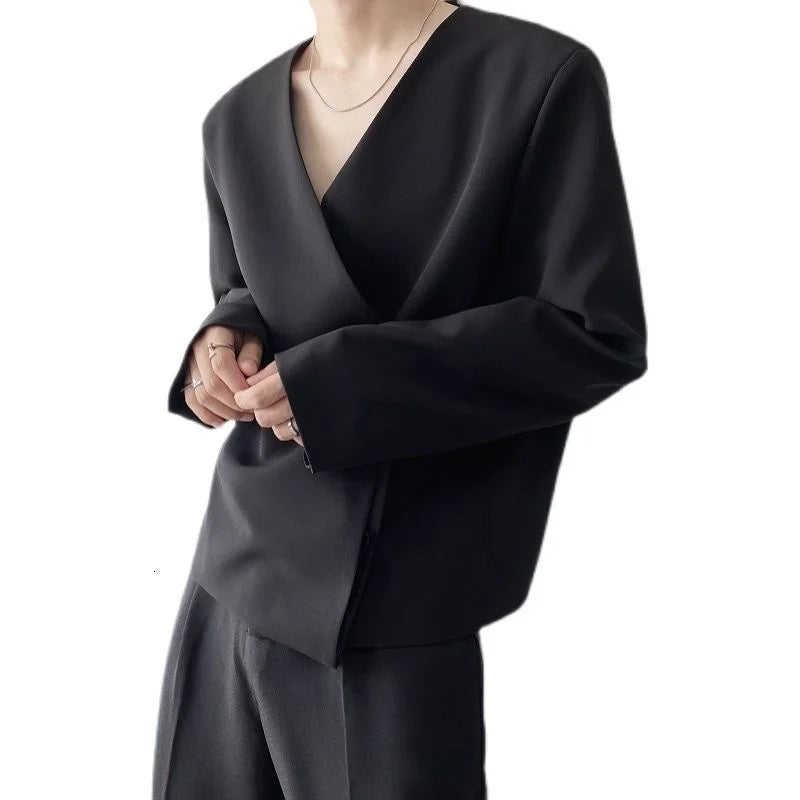 sanyamk - Personality Spring Men's Collarless Short Suit Coat New Simple Trend Black Oversized Asymmetric Breasted Clothes Y2242