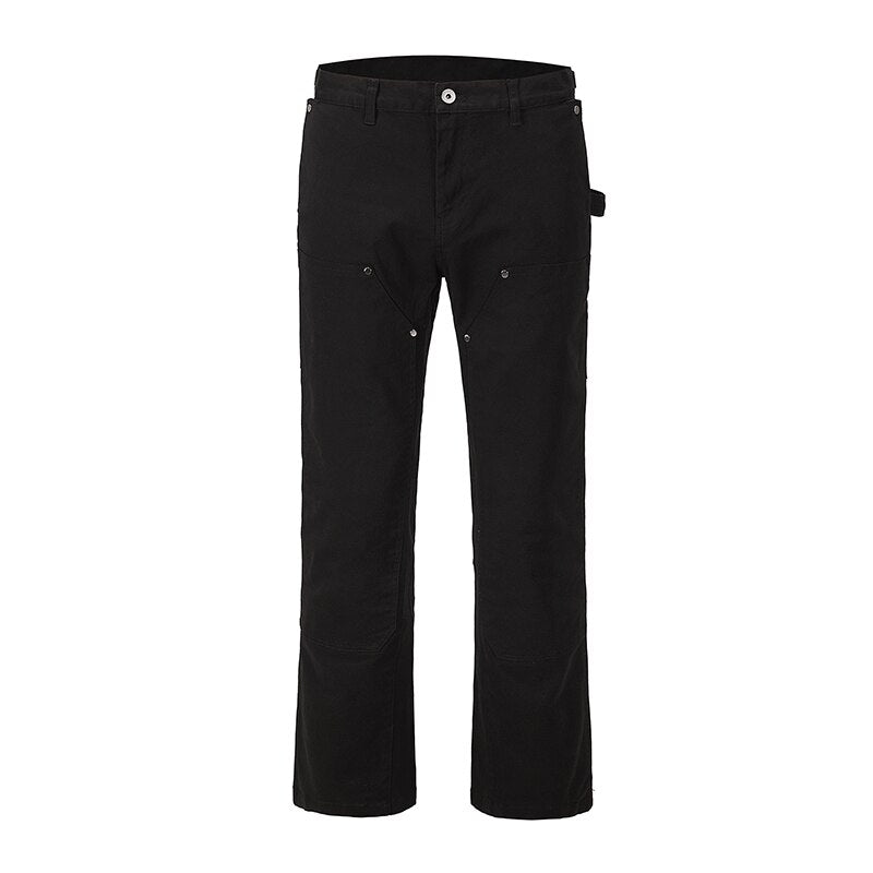 Bonsir Back Ankle Zipper Spliced Straight Flare Pants Mens High Street Washed Retro Loose Casual Jeans Hip Hop Denim Trousers