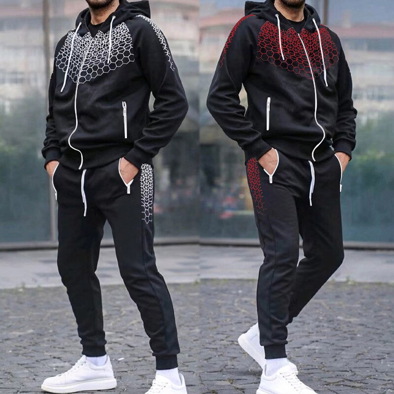 Bonsir Fashion Graphic Print Tracksuit Men Casual Hoodies Two Piece Sets Autumn Mens Long Sleeve Hooded Sweatshirt And Pants Suits Male