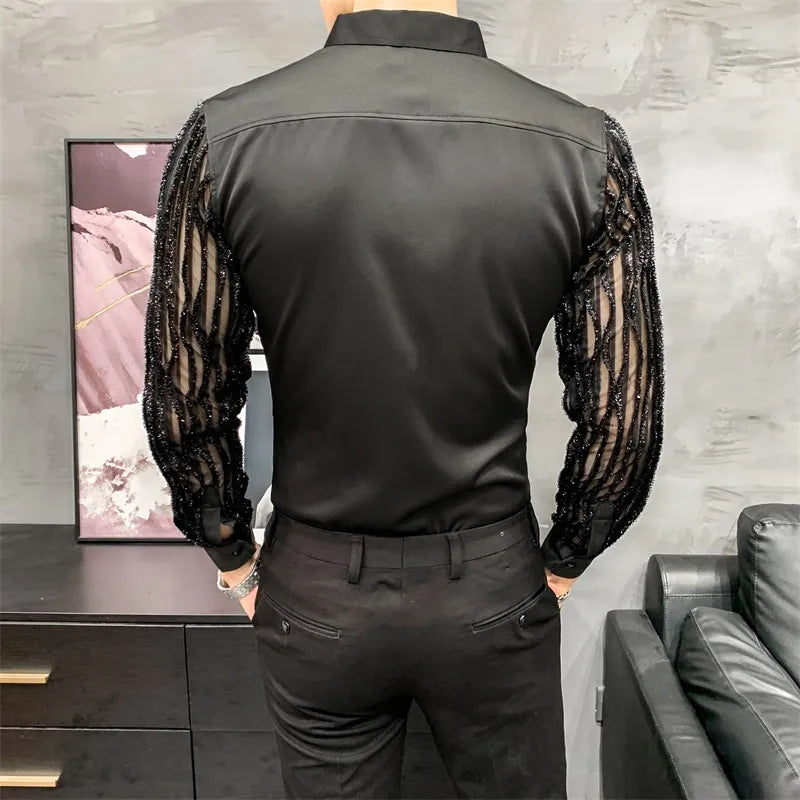 Bonsir Lace Hollow Shirts for Men Long Sleeve Slim Fit Streetwear Social Party Blouse Nightclub Singer Dj Clothing Camisas Para Hombre