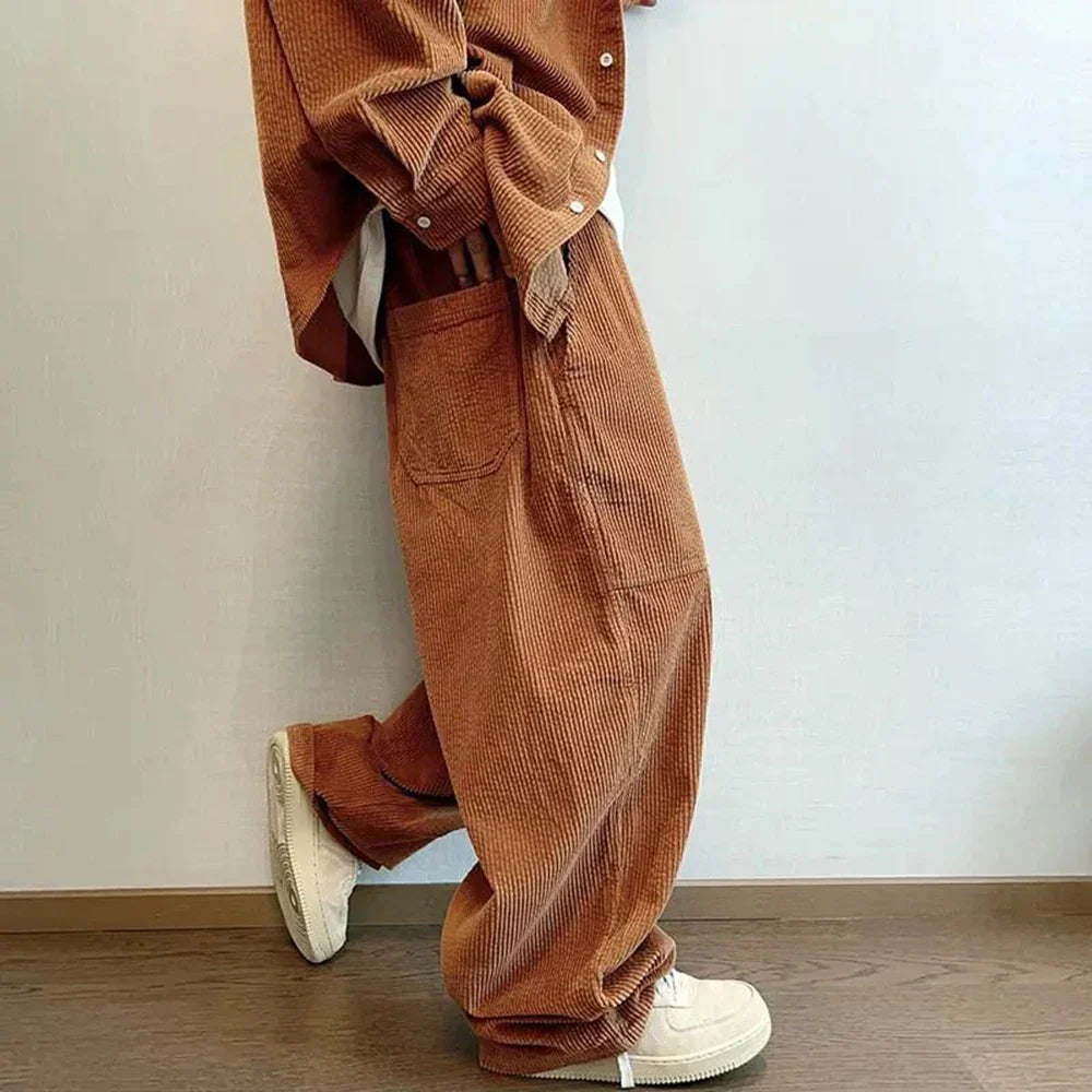 Bonsir Mens Corduroy Casual Pants Autumn Winter 2024 New Genderless Fashion Street Solid Color Loose Floor-Length Straight Pants Unisex