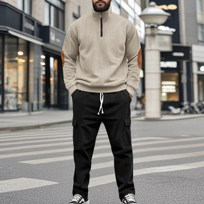 sanyamk - Vintage Patchwork Corduroy Outfits Mens Long Sleeve Stand Collar Sweatshirts And Pants Two Piece Sets Men Clothing Casual Suits