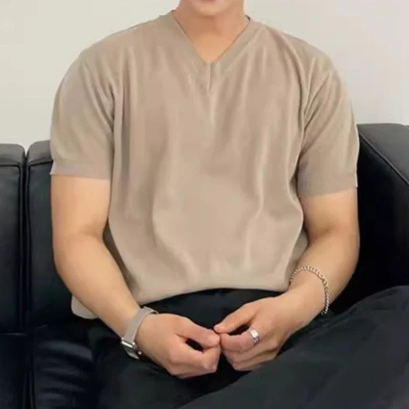 sanyamk - Summer Casual Solid Color Knit T Shirt Men Fashion Short-sleeved V Neck T-shirts Vintage Mens Clothes Knitwear Male Streetwear