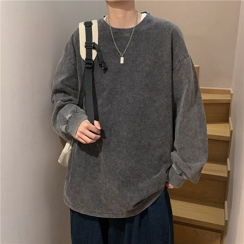 sanyamk Quality Autumn New Men's T-shirt Solid Color O-neck Long Sleeves Pure Cotton Vintage Women Loose T-shirts For Male Casual Tops
