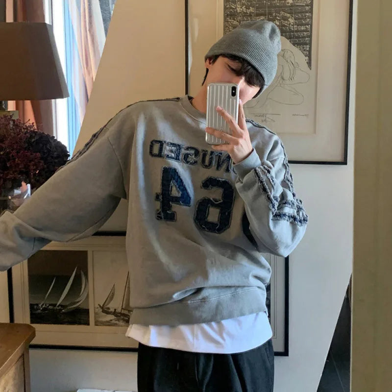 sanyamk - Korean Style Men's Sweatshirts Letter Printing Embroidery Worn-out Raw Edge Pullover Male Contrast Color Tops Chic 9C7615