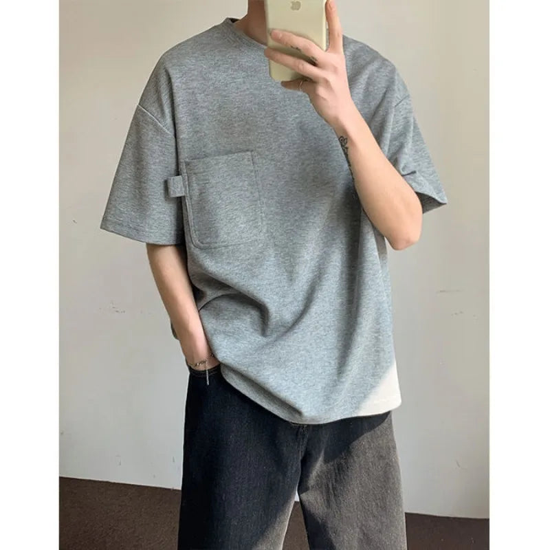 sanyamk - Summer Design Pocket 100% Cotton T-shirts for Men O-Neck Solid Color Bottoming Top Short Sleeve Loose Tee Harajuku T-shirt