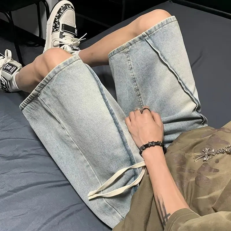 BONSIR Washed denim shorts men's summer thin style American retro plankton pants tide brand casual everything with five points big shor