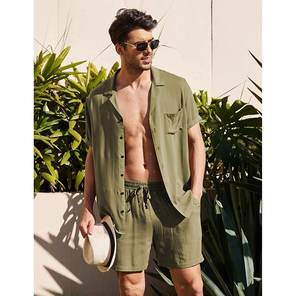 sanyamk Summer Cotton and Linen Men Suit Short Sleeve Shorts Solid High Quality 2 Piece Beach Outdoor Travel Casual Breathable Blazer