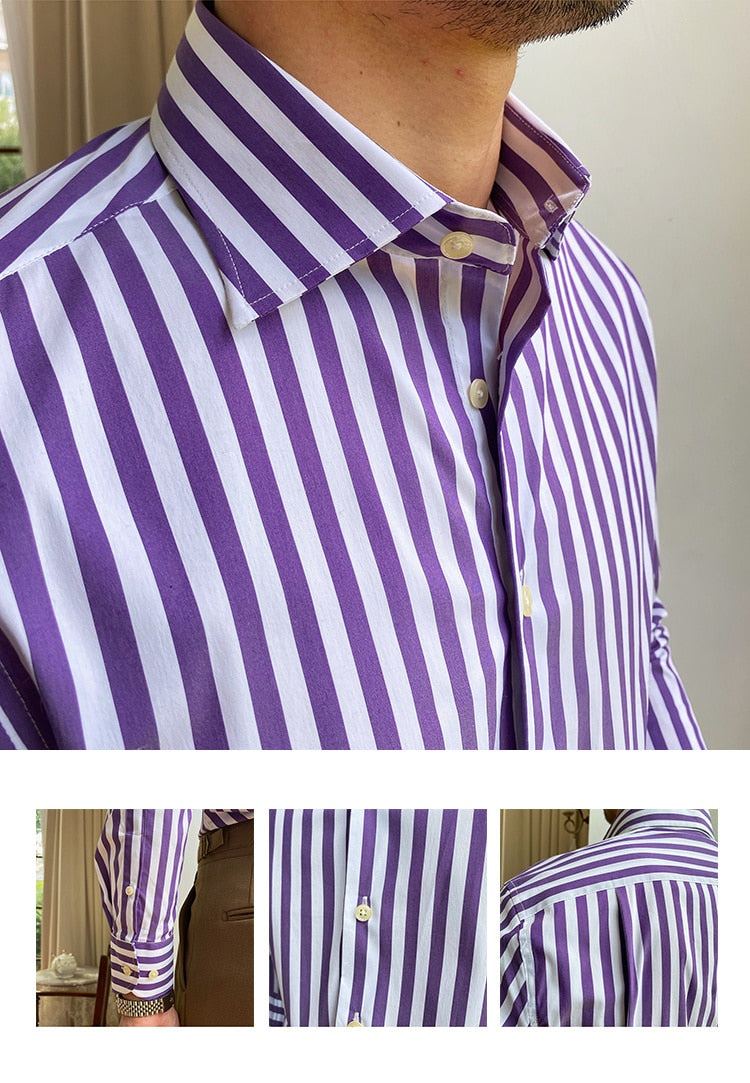 Bonsir British Casual Contrasting Colors Stripe Shirt Retro Shirt Dress Camisa Masculina Social Italian Fall Men Long Sleeve Shirt