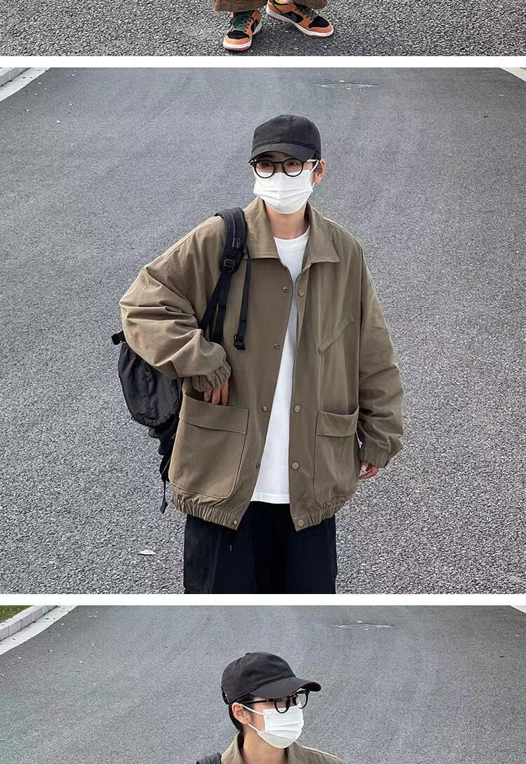 sanyamk Men's Japanese Vintage Lapel Collar Cargo Jackets Work Clothes Harajuku Loose Casual Coats Solid Color Outerwear M-2XL