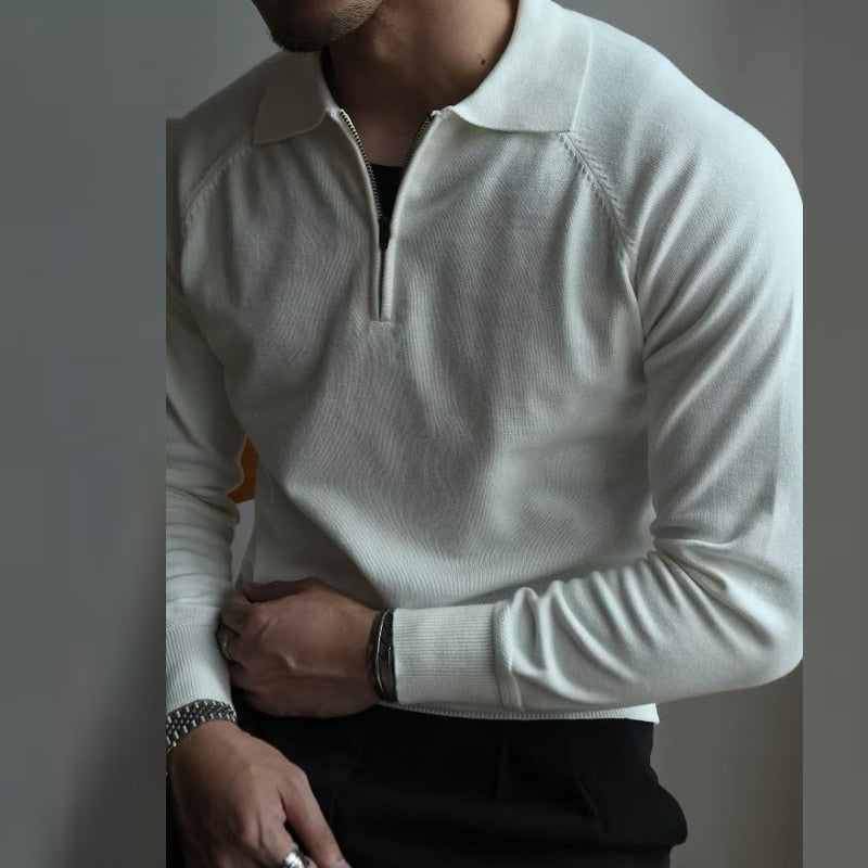 sanyamk 2YK Vintage Solid Zip Sweaters Autumn Streetwear New Long Sleeve Business Polos Solid Jumper Men Knit Pullover Clothing