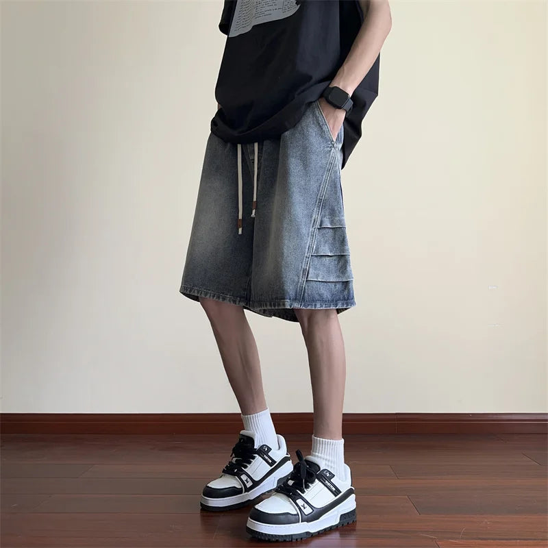 sanyamk Summer Fashion Blue Denim Pants Shorts Men's Straight Casual Ins Youth All-match Fifth Pants Elastic Waist Chic Short Pants