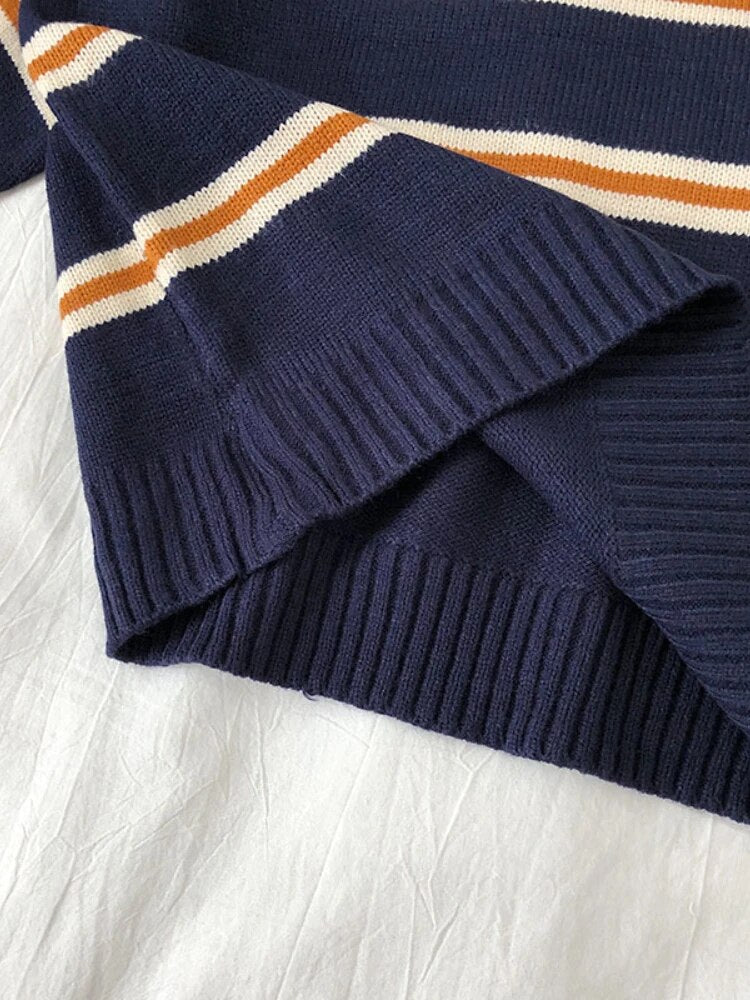 Bonsir Vintage Stripe Sweaters Women Loose Oversize Korean Style Pullover Top Autumn Winter Long Sleeve Knitted Sweater Femme