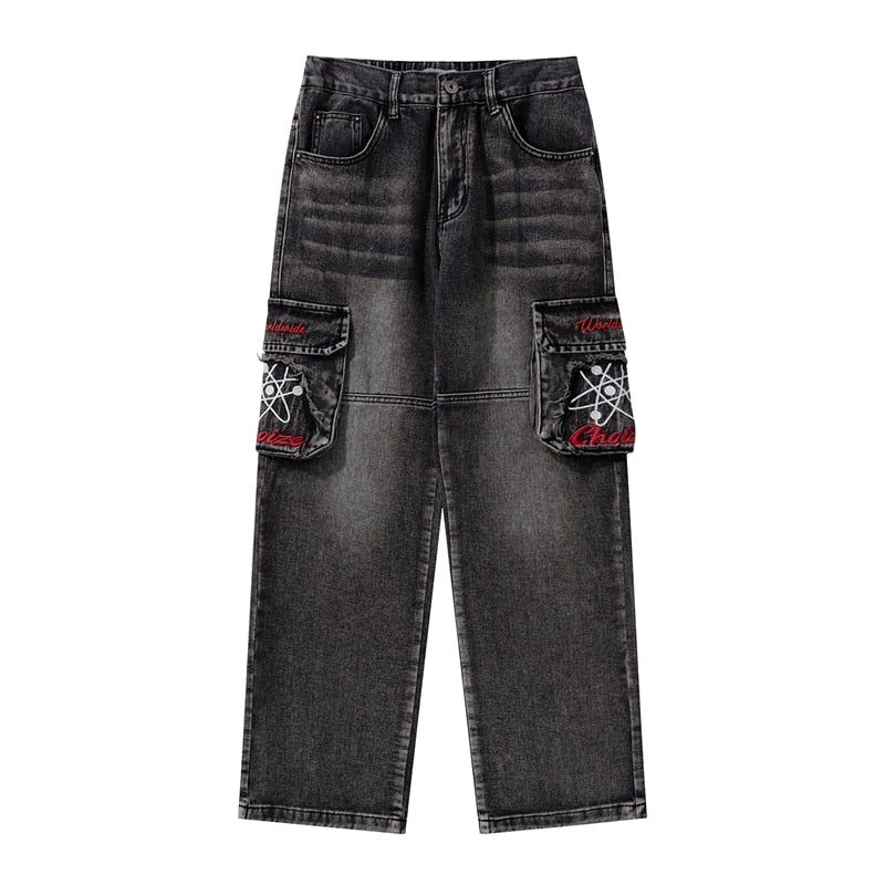 sanyamk Distressed Embroidery Pockets Elastic Waist Retro Jeans Pants Men and Women Straight Washed Casual Baggy Denim Trousers