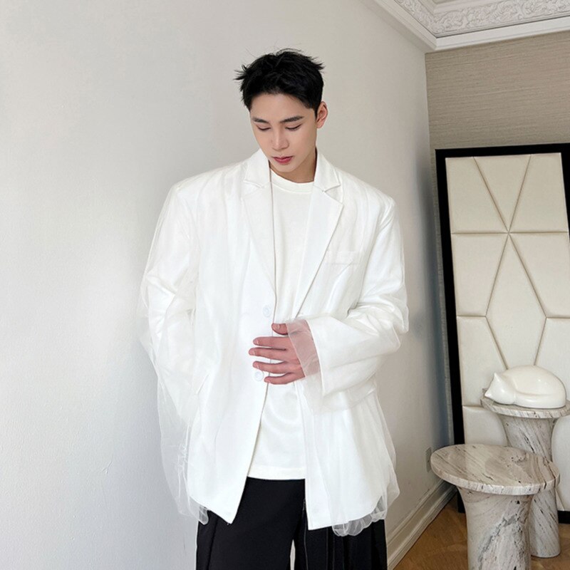 sanyamk IEFB New Trend Mesh Patchwork Suit Jacket Male Balzers Lapel Solid Color Niche Design Men's Clothing Single Breasted Top 9A7670