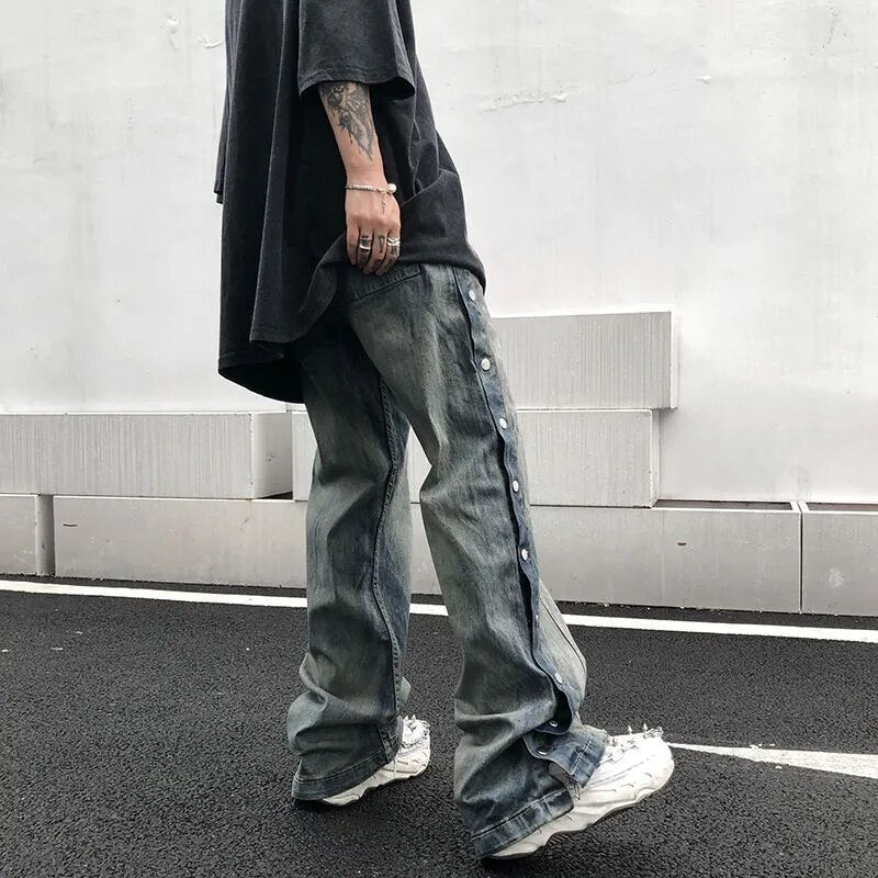sanyamk Jeans Men Washed Old Breasted Oversized Denim Pants New Harajuku Fashion Casual Retro Loose Hip Hop Straight Trousers Streetwear