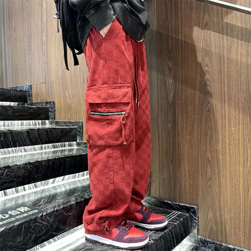 sanyamk Japanese Men's Chessboard Checker Jeans Fashion Street Hip Hop Loose Straight Wide Leg Pants Couple Outerwear Pants Red Black