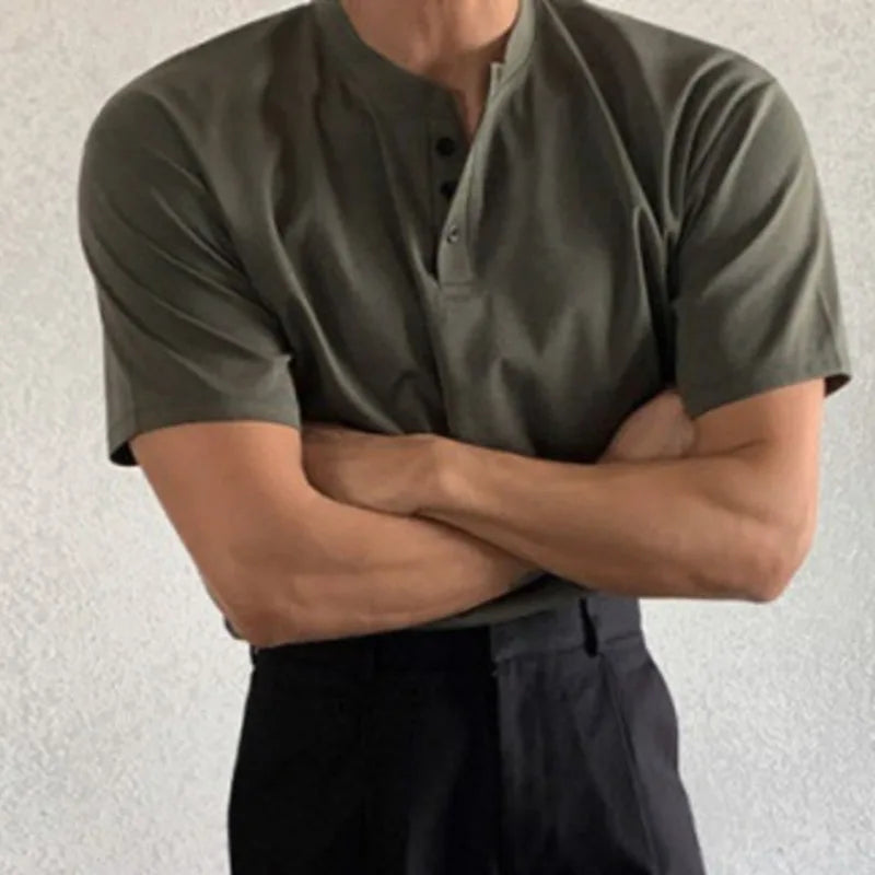 sanyamk - Minimalist New Summer Men's T-shirts Loose Round Neck Short Sleeve Buttons Solid Color Casual Male Tees Fashion 9C6495