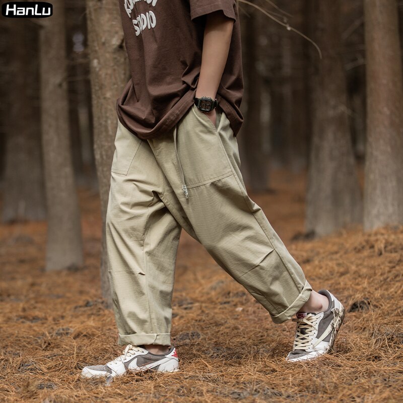 Bonsir Spring/Summer New Korean Street Fashion Men's Loose Belt Design Pleated Casual Pants Men's Retro Wide leg Cargo Pants