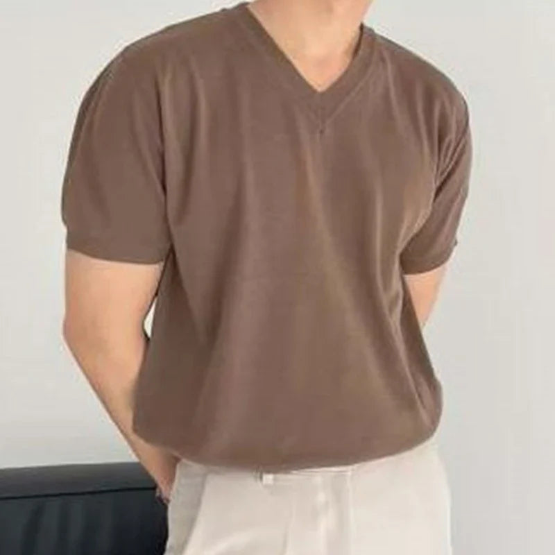 sanyamk - Summer Casual Solid Color Knit T Shirt Men Fashion Short-sleeved V Neck T-shirts Vintage Mens Clothes Knitwear Male Streetwear
