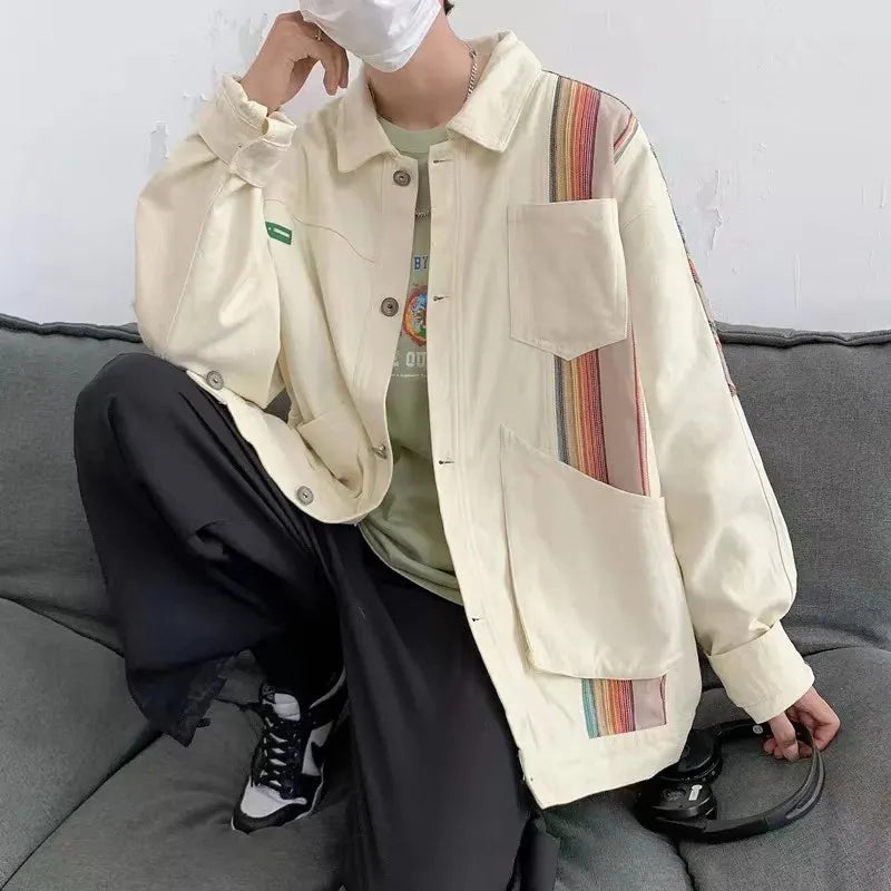 sanyamk Hip Hop Color Block Patchwork Denim Jacket Men Striped Jacket Casual Autumn Sping Harajuku Vintage Cargo Jacket Coats