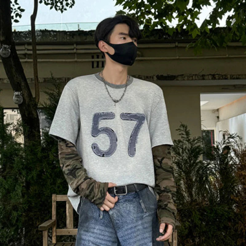 sanyamk - Niche Design Men's T-shirts Round Collar Letter Patchwork Camouflage Long Sleeve Contrast Color Loose Male Tees New 9C9072