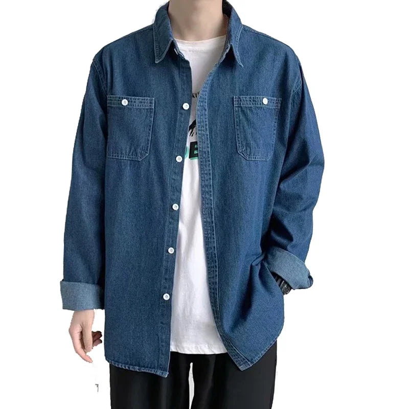 sanyamk Men's Long Sleeved Jeans Shirts Denim Shirt Fashion Classic Dress Shirts Streetwear Clothing