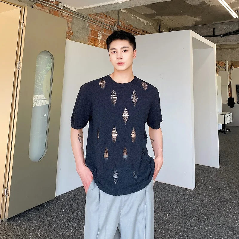 sanyamk - Summer Fashion Knitted Holes T-Shirts Men Black White Short Sleeve Stretch Tops Tees Young Personalized Streetwear Clothing