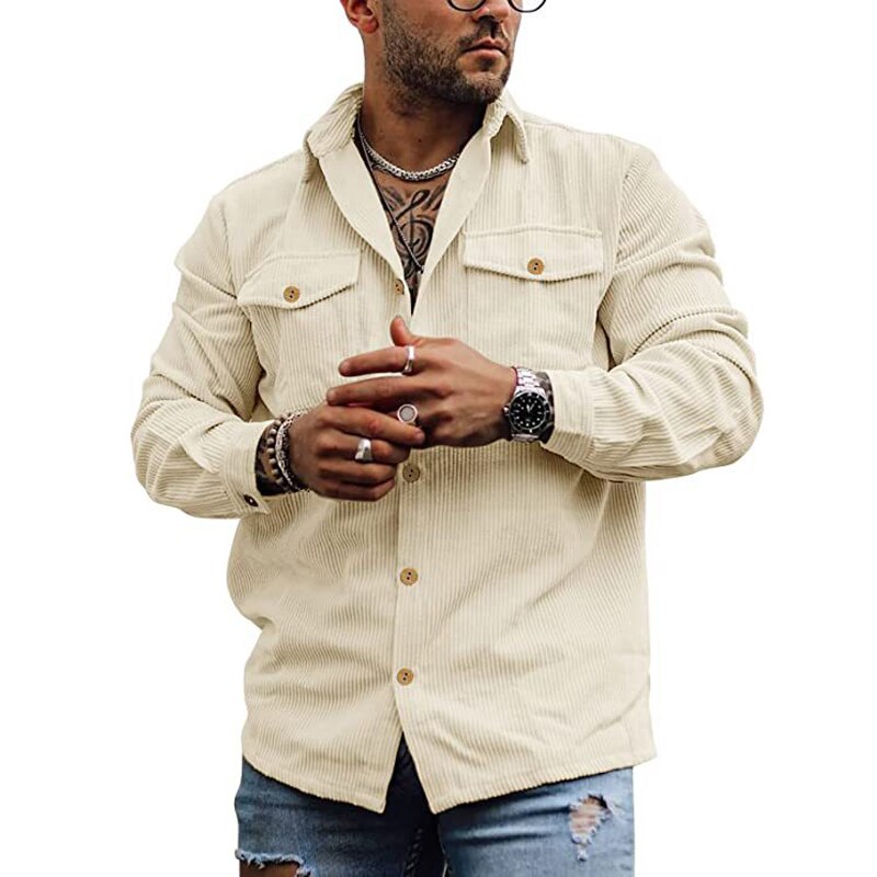 Bonsir Mens Corduroy Button Short Sleeve Shirt Spring Autumn Casual StreetwearWith Pockets Solid Color Shirt For Men Overcoat