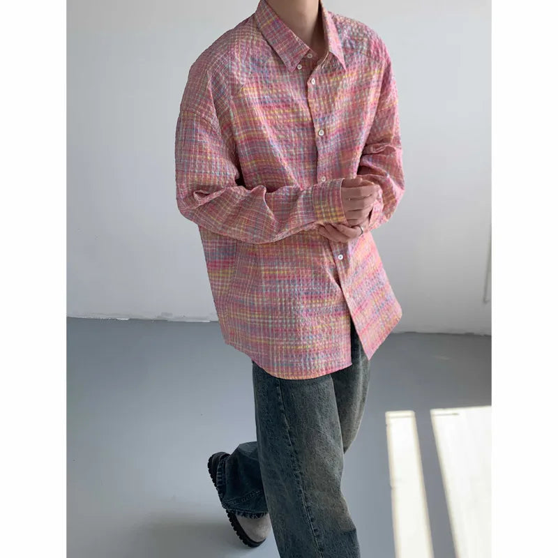 sanyamk Autumn Long Sleeved Shirt Men Fashion Color Plaid Shirt Men Streetwear Korean Loose Casual Shirt Mens Oversized Vintage Shirts