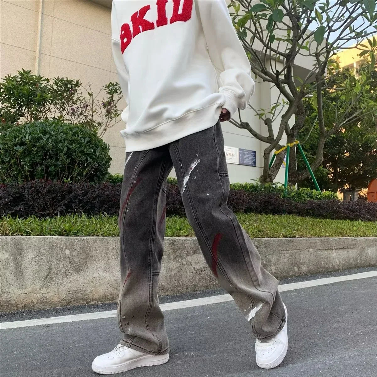 sanyamk High Street hiphop jeans Men's hip-hop Street work straight pants Black gray gradient speckled pants streetwear pantalon homme