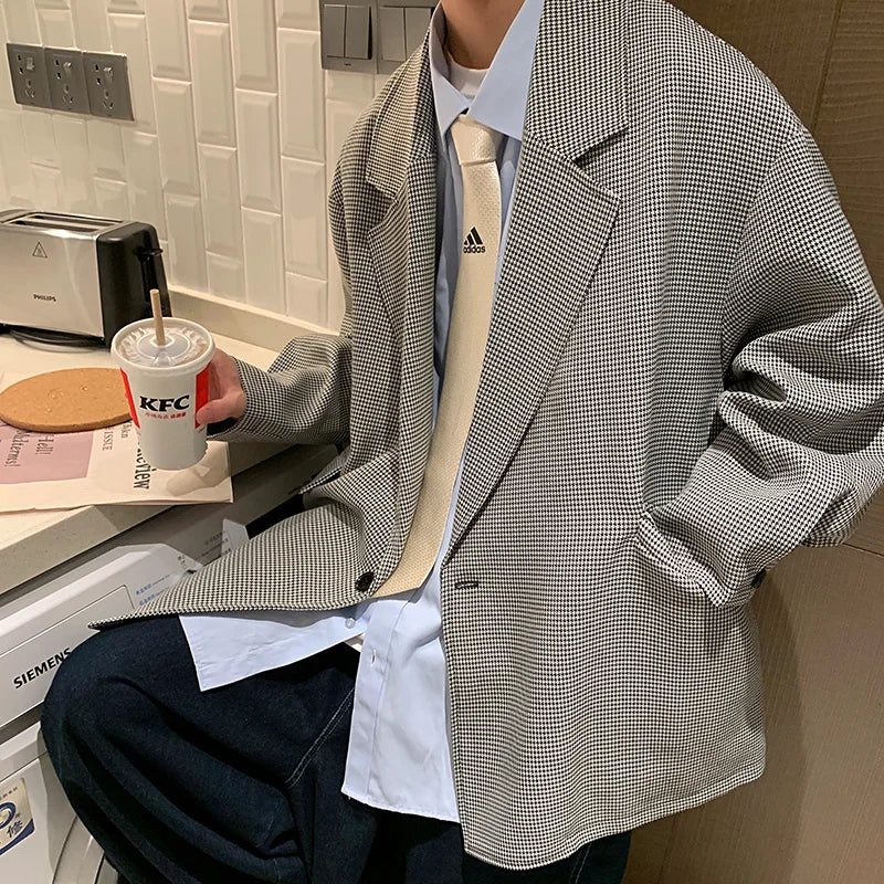 sanyamk - New Luxury Houndstooth Blazers Grey Khaki Men'S Casual One Button Blazers Autumn Winter Fashion All-match Loose Suit Jackets