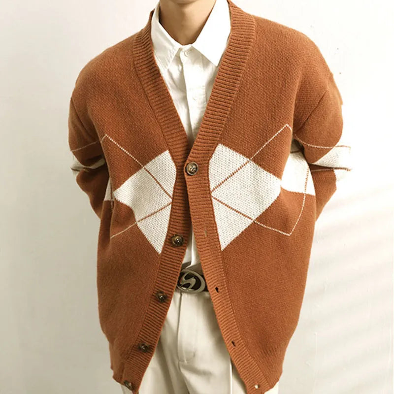 Bonsir Men's Knitted Cardigan Sweater Jacket Jacquard V-neck Women Autumn Loose Casual Button Long Sleeves Single-breasted Sweaters
