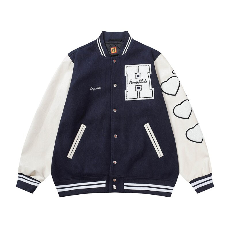 Bonsir Flocking Letter Embroidery Patchwork Human Made Wool Coat for Male and Female Retro Leather Sleeve Oversized Autumn Jackets