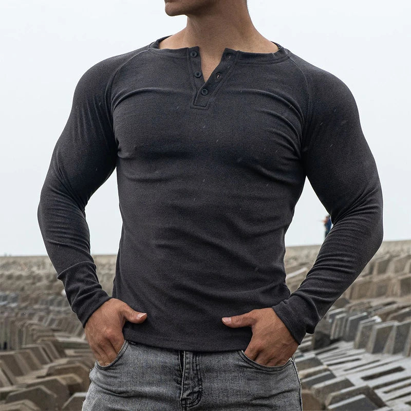 BONSIR - Spring Fall Casual Solid Slim Pullover Tees Male Fashion Long Sleeve t shirt Casual Double-plush Elastic Gym Shirts Men Clothing
