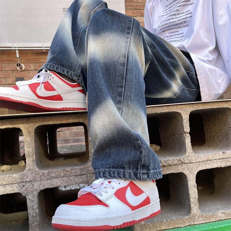 sanyamk Fashion Brand Men's Tie-dyed Jeans College Students Hip-hop Dance Y2k Loose Straight Pants Women's Baggy Blue Jeans